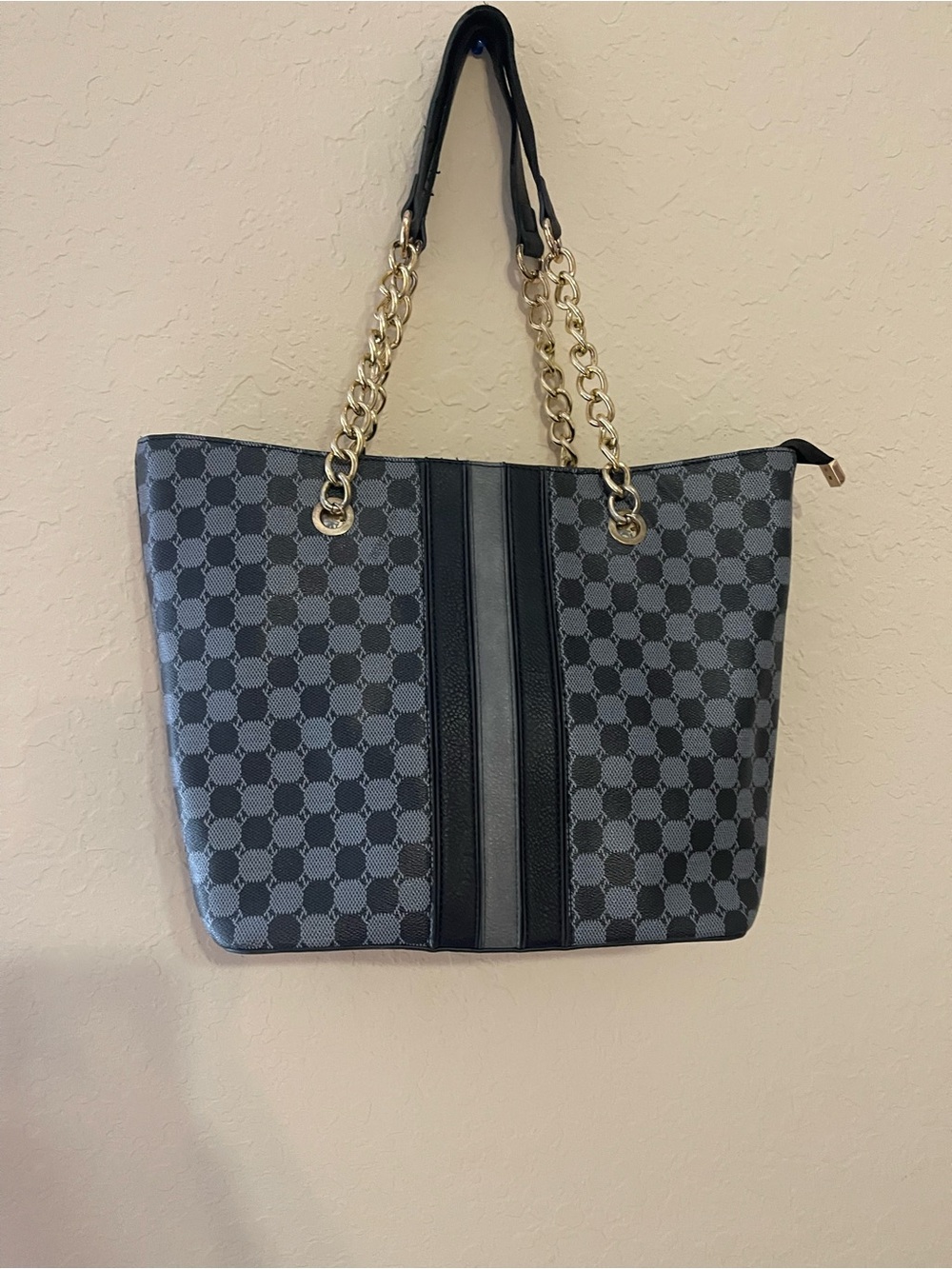 Montana West Checkered Chain Tote Handbag - Gray/Black